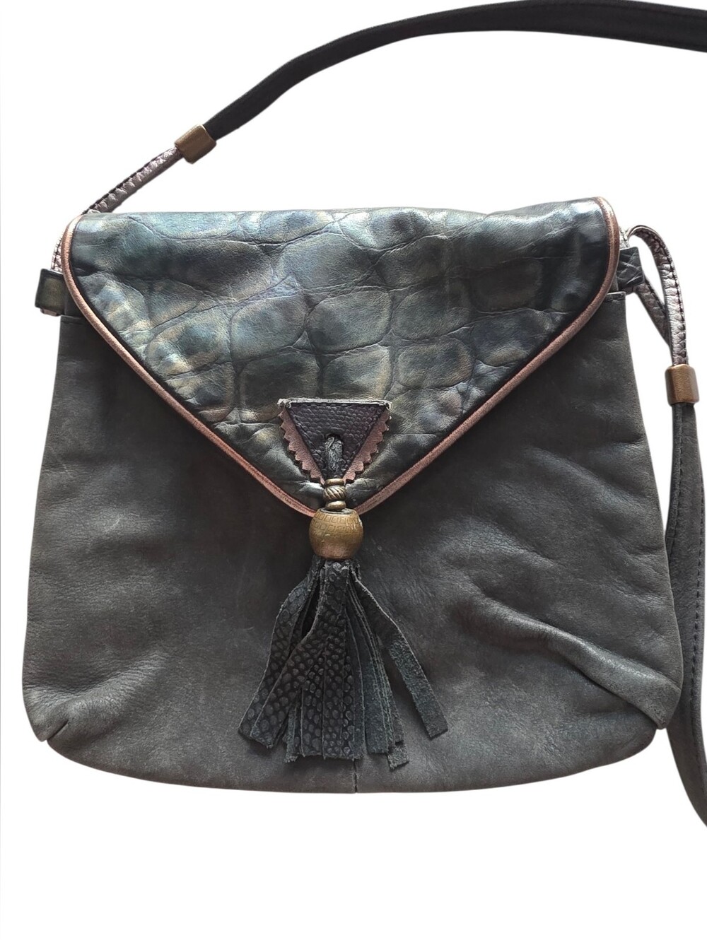 Gayle Anderson Designs Vintage Charcoal Leather Crossbody Bag with Tassel